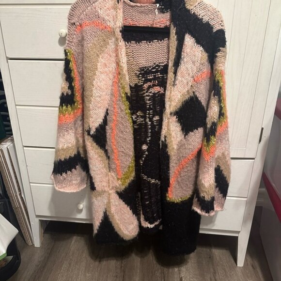 Free People Pink and Black Chunky Knit Cardigan Sweater - Picture 1 of 7